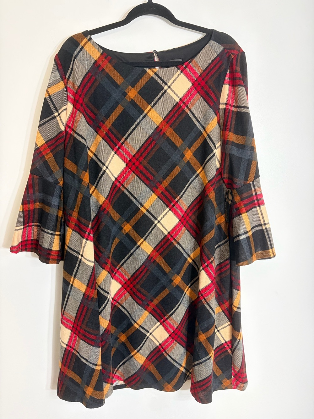Plaid Bell-Sleeve Swing Dress - Red, Black & Cream Plus Size 3x Fall Dress